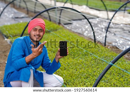 Young indian farmer showing smart phone at poly house or greenhouse