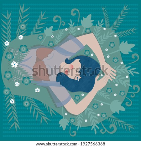 Outline girl in flowers. Image illustration. Abstract collection of different people. Diversity concept poster template. Vector graphics 