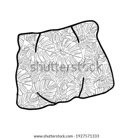 A Black Vector outline illustration of a pillow with a floral pattern isolated on a white background