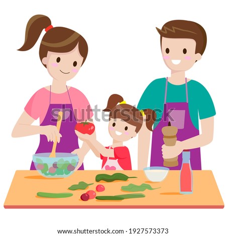 family cooking. woman, man and child in kitchen. mom, dad and daughter cook. stock vector cartoon illustration.