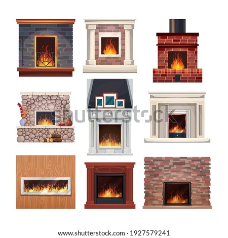 Fireplace and fire place wood, home interior decor, vector flat isolated set. Fireplaces, house design elements with chimney and mantelpiece, modern electric and classic vintage of wood and brick Royalty-Free Stock Photo #1927579241