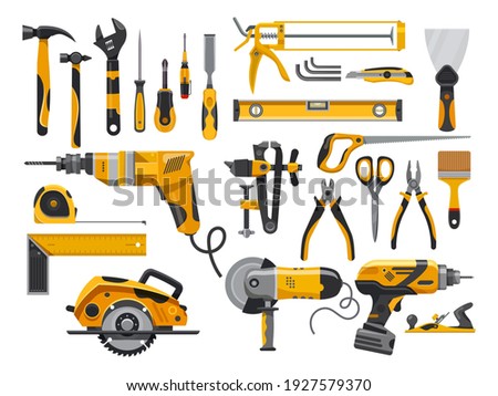 Work tools, construction instruments for repair, woodworking and renovation, vector flat isolated yellow set. Home remodeling, carpentry and masonry building tools, electric drill, screwdriver and saw Royalty-Free Stock Photo #1927579370