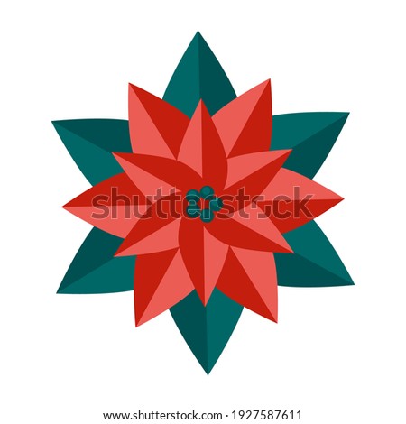 Simple minimalistic green branch of a poinsettia with leaves and red flower. Floral collection of colorful elegant plants for seasonal decoration. Stylized icons of botany. Stock vector illustration. Royalty-Free Stock Photo #1927587611