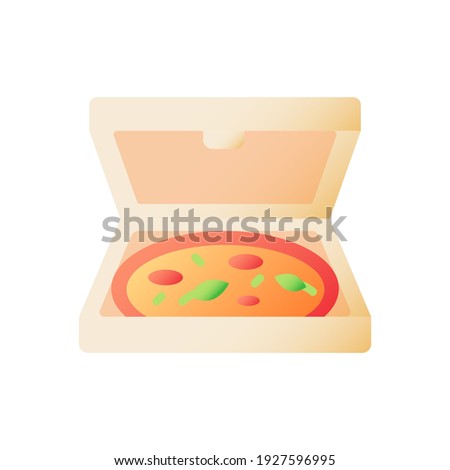 Pizza in box vector flat color icon. Fast food delivery. Junk meal. Take away dinner. Take out pizzeria order. Italian cuisine. Cartoon style clip art for mobile app. Isolated RGB illustration
