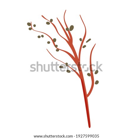 Branch with young green leaves vector. Beautiful graceful twig plant, tree shrub leaves clip art. Botanical element isolated on white background.