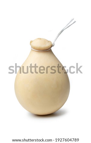 Provolone Cheese from Sicily, Italy; with String - Small Variant "Provola dei Nebrodi" from Nebrodi Mountains in Sicily - Close Up - Isolated on White Background