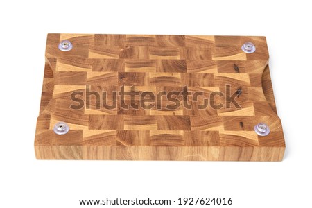 rectangular empty wooden brown chopping board isolated on white background, top view