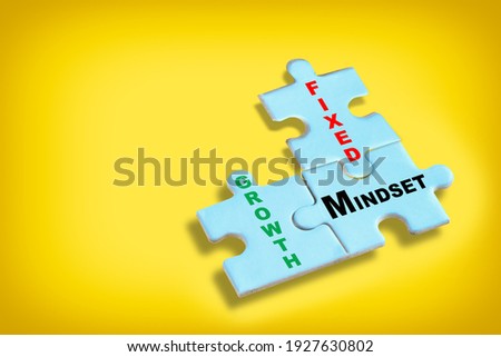 Growth mindset and fixed mindset written on blue puzzle jigsaw with shadow on yellow background. Potential development concept and good attitude motivation idea