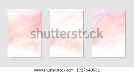 Pink watercolor cotton cloud background. Pastel fantasy sky backdrop template for wedding invitation, greeting card, banner or flyer. Vector illustration of fluffy candy clouds Royalty-Free Stock Photo #1927640561