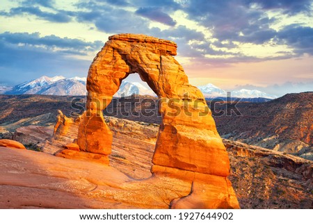 Delicate Arch at sunset, Arches National Park, Utah, United States Royalty-Free Stock Photo #1927644902