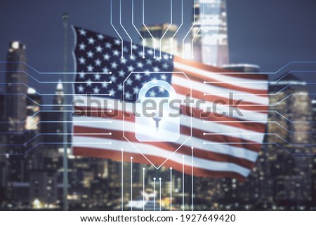 Double exposure of virtual creative lock hologram with chip on USA flag and blurry cityscape background. Information security concept Royalty-Free Stock Photo #1927649420