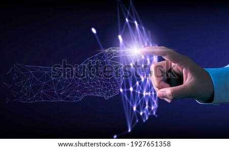 Hand touching modern interface digital transformation and metaverse concept. Connection next generation technology and new era of innovation. Royalty-Free Stock Photo #1927651358