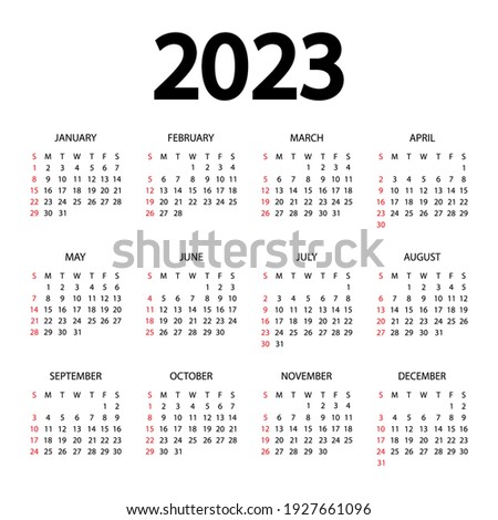 2023 Calendar year vector illustration. The week starts on Sunday. Annual calendar 2023 template. Calendar design in black and white colors, Sunday in red colors. Vector Royalty-Free Stock Photo #1927661096