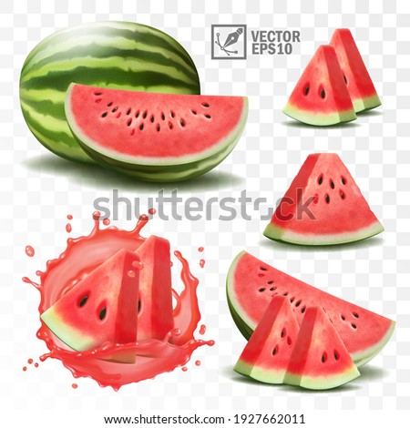 3d realistic transparent isolated vector set, whole and slice of watermelon, watermelon in a splash of juice with drops Royalty-Free Stock Photo #1927662011
