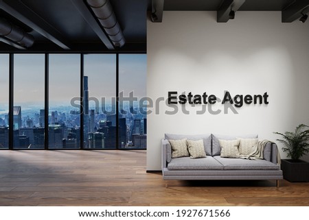 luxury loft with skyline view, wall with estate agent lettering, 3D Illustration