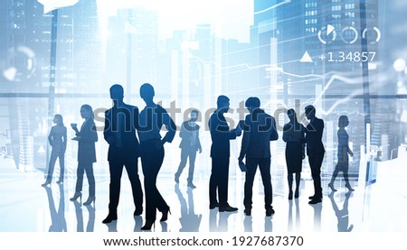 Silhouettes of diverse businessman and businesswoman, double exposure of office room with windows. Concept of corporate communication and teamwork. Toned image