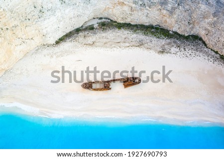 Travel traveling Zakynthos island beach vacation Greece shipwreck Navagio copyspace copy space background drone view aerial photo summer
