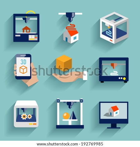 Printer 3d flat icons set of modern architecture futuristic building process isolated vector illustration Royalty-Free Stock Photo #192769985