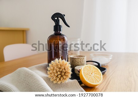 Step by step instruction of non toxic home cleaning detergent recipe made of vinegar, baking soda and lemon. Eco friendly zero waste household concept. Royalty-Free Stock Photo #1927700078