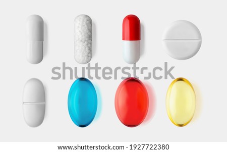 Pills set isolated 3d realistic vector illustration. Medical and healthcare concept. Pharmaceutical medicine.  Supplements pill, nutrients, probiotics, painkiller, antibiotic Royalty-Free Stock Photo #1927722380