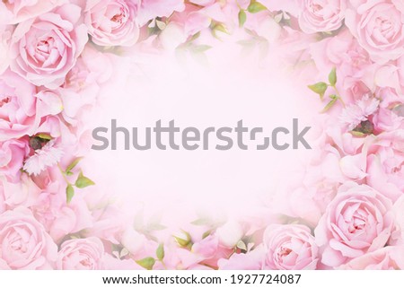 Delicate blossoming pink rose frame, blooming flowers pastel festive background, soft bouquet floral card, toned	