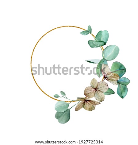 round gold frames with watercolor eucalyptus leaves, cotton flowers. clipart, hand drawing, vintage frames for decorating weddings, cards, invitations, congratulations.