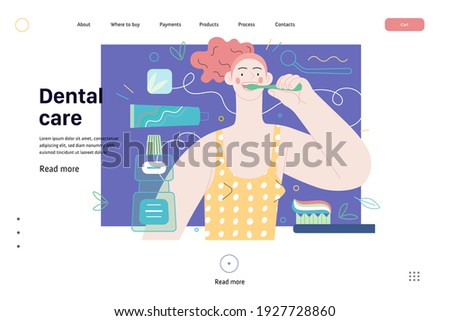 Medical insurance web page template -dental care -modern flat vector concept illustration of helthy teeth -woman brushing teeth, mint dental floss, tothbrush, toothpaste, mouthwash, dentist tool