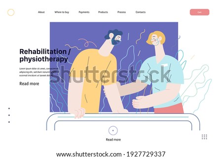 Medical insurance web page template- rehabilitation and physiotherapy -modern flat vector illustration -physiotherapist helps patient walking using training parallel bars, medical office, laboratory