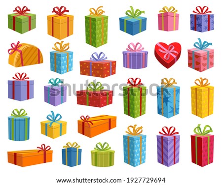 Colored Gift Boxes with Ribbon. Set of gift boxes different shapes and sizes