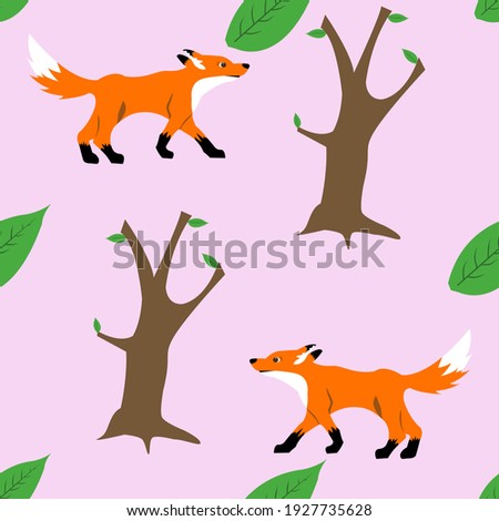 Fox on pink background with leaves and trees
