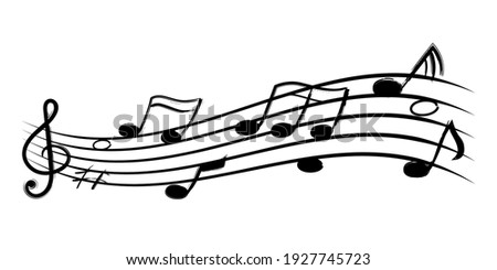 Music notes. Doodle flowing stave black silhouette with hand drawn notes on line wave, sound tune and music design. Monochrome abstract classic melody vector isolated on white background illustration
