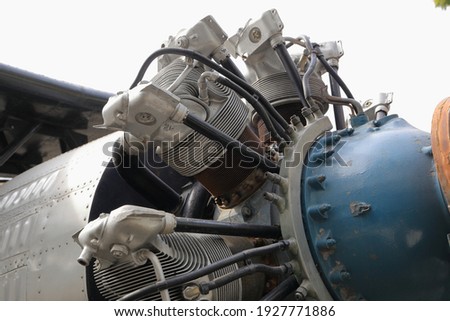 closeup Airplane cylinder engine, Vintage Airplane engine.