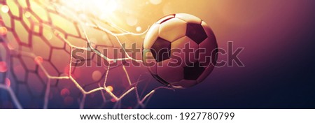 Soccer ball in the net in the sunbeams. Golden background