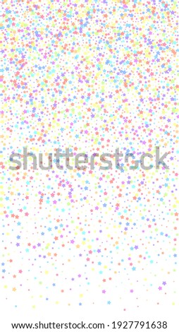 Festive classic confetti. Celebration stars. Colorful stars dense on white background. Ideal festive overlay template. Vertical vector background.
