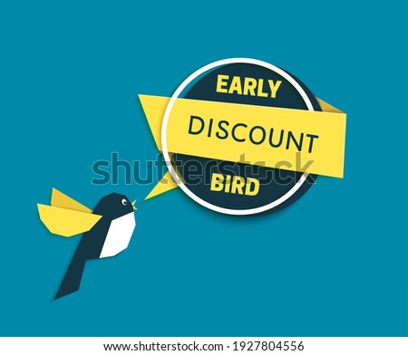 Early bird discount banner in paper cut style. Speech bubble with geometric shapes. Special discount sale event banner or poster with chirping cute bird. Vector flat illustration. Advertising template