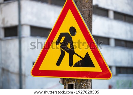 road sign going construction work. High quality photo