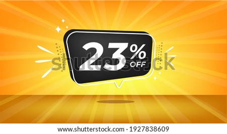 23% off. Yellow banner with twenty-three percent discount on a black balloon for mega big sales.