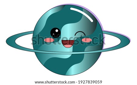 Vector image of the planet Uranus with an emoji face in cartoon style, on a white background.