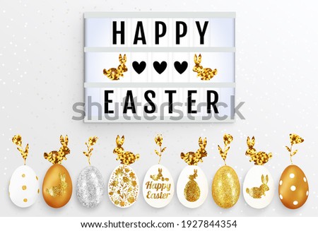 Lightbox, shining eggs on a white background. Text frame of the lightbox with the inscription Happy Easter, hearts, bunnies. Advertising mockup for the Easter holiday. Top view, close up, copy space