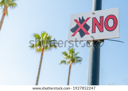 Dog forbidden poster with blue sky background with out of focus palm trees