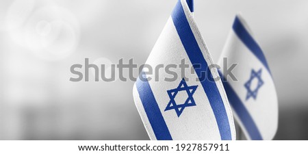 Small national flags of the Israel on a light blurry background