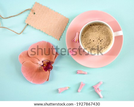 Morning coffee and a pink flower with a blank note on a soft blue background. Concept of valentines day, birthday, easter, holiday, mothers day