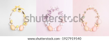 Creative flat lay photo of easter eggs on colorful background