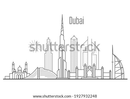 Dubai city skyline - towers and landmarks cityscape in liner style, vector Royalty-Free Stock Photo #1927932248