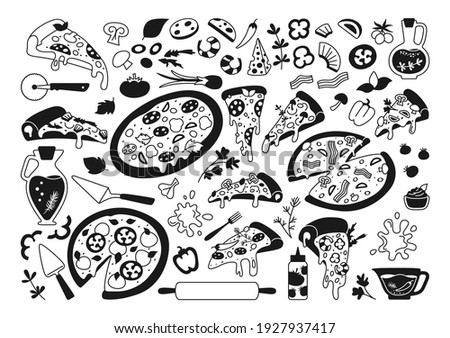 Pizza cartoon black glyph set. Monochrome italian pizzas with greens, pepper, tomato, olive cheese. Margarita and hawaiian, pepperoni or seafood mexican. Pizza pieces and ingredients vector collection