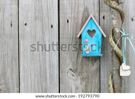 Teal blue birdhouse hanging next to honey locust tree with wooden hearts by old distressed wood fence