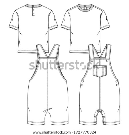 Baby Boys 2 Pieces Set fashion flat sketch template. Technical Fashion Illustration. Knit Overall and Short Sleeves Tee Shirt  Royalty-Free Stock Photo #1927970324