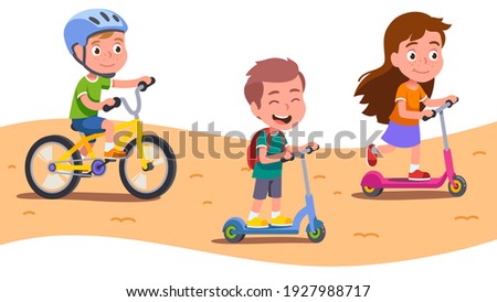 Girl, boys kids cyclists enjoying riding bicycle and kick scooters on path. Happy children riders cartoon characters having fun. Sports, transportation entertainment. Flat vector isolated illustration