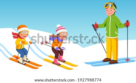 Father, daughter, son kids skiing together on snowy slopes. Happy children skiers cartoon characters sliding downhill in ski resort. Family enjoying winter holiday sport. Flat vector illustration