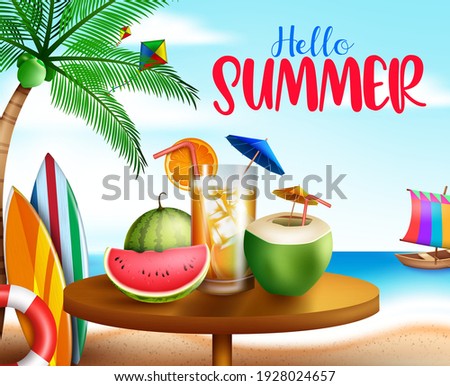 Hello summer vector banner design. Hello summer text in beach background with colorful tropical elements like drinks and fruits for relax outdoor holiday season vacation. Vector illustration